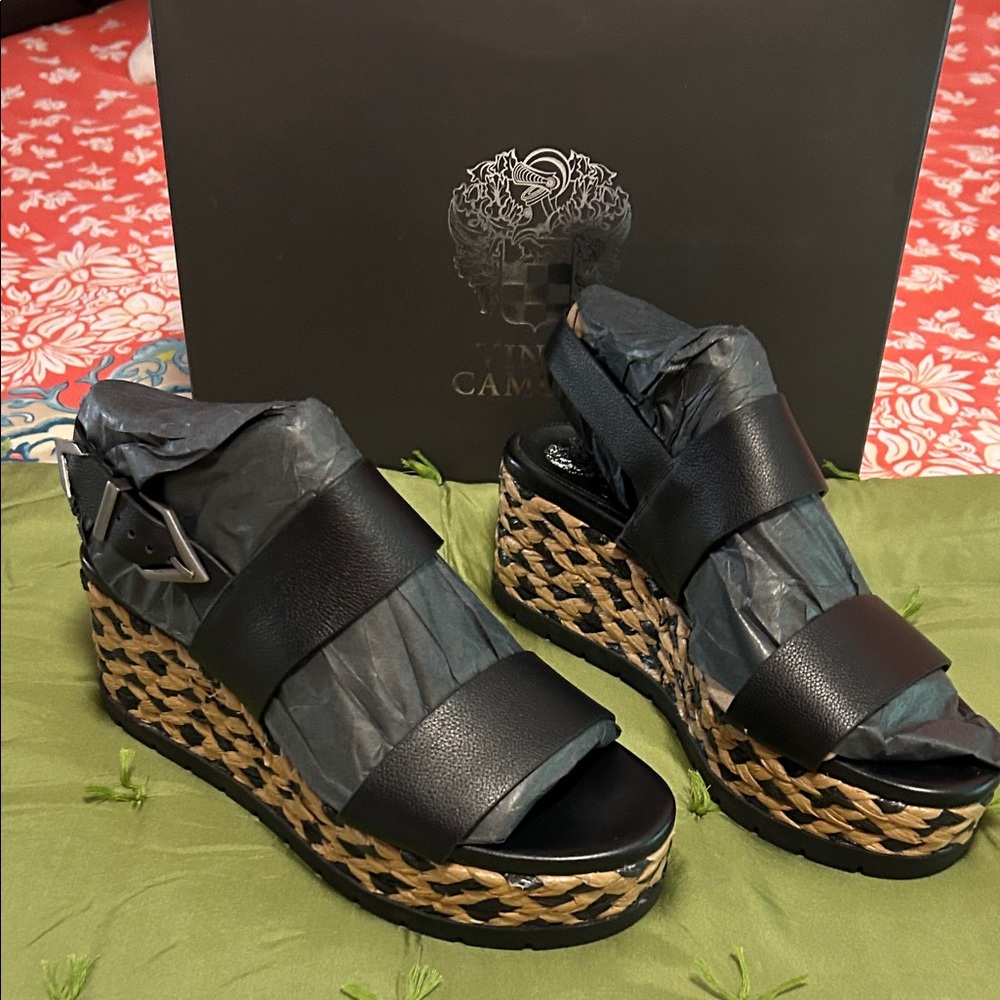 Vince Camuto Black and Tan Wedge Sandals